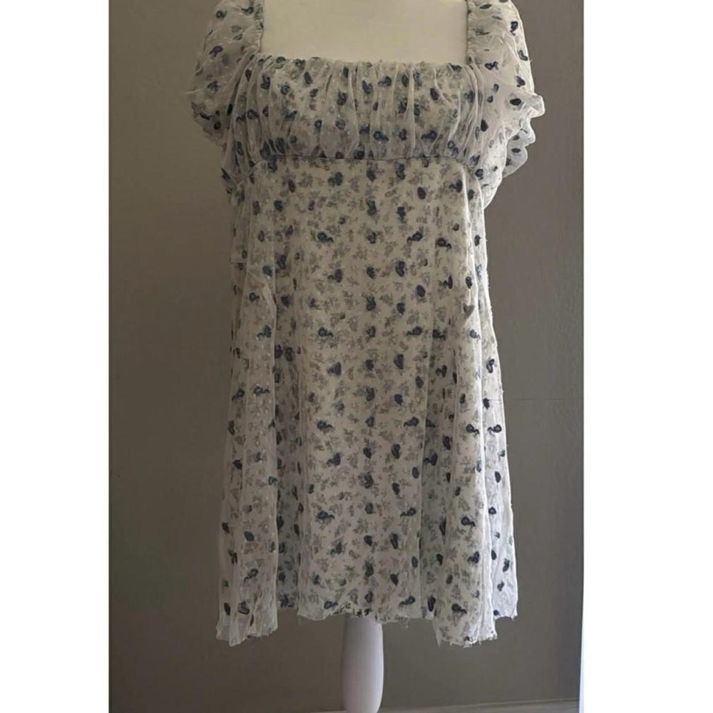 🌸 Free People Blue Floral Puff Sleeve Mini Dress | Cottagecore | Size L